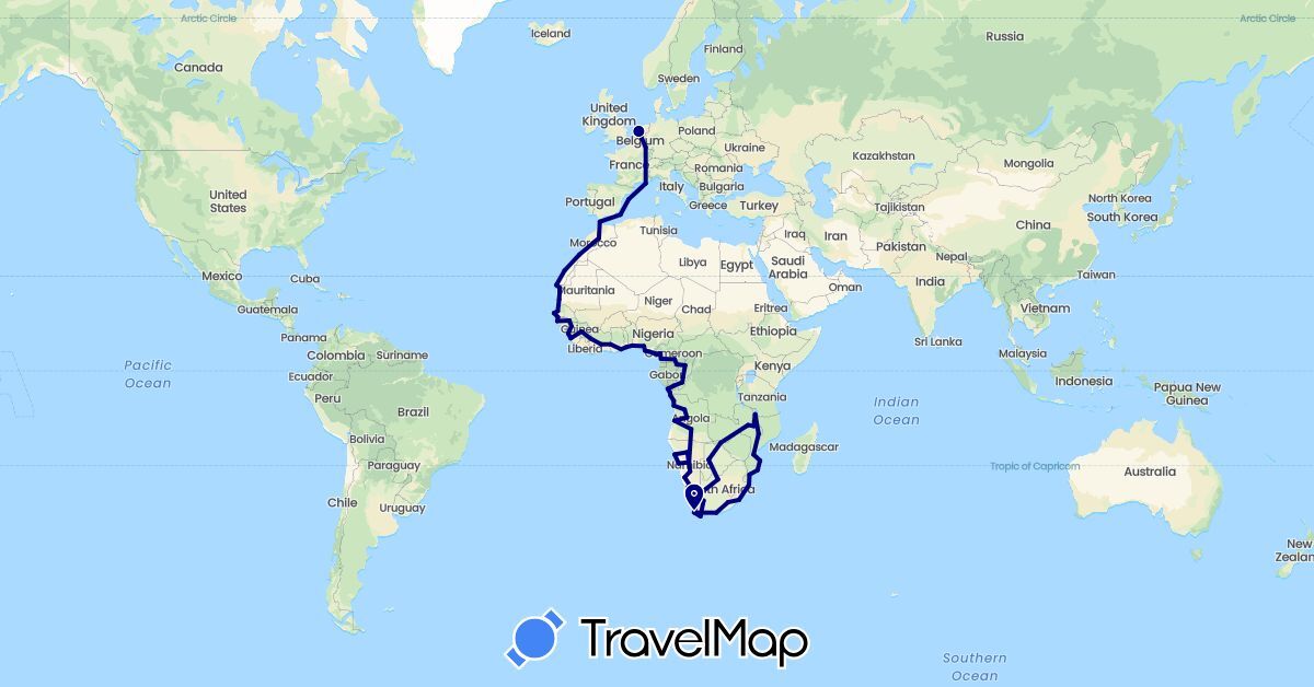 TravelMap itinerary: driving in Angola, Benin, Côte d'Ivoire, Cameroon, France, Ghana, Guinea, Luxembourg, Malawi, Namibia, Nigeria, Netherlands, Sierra Leone, Senegal, Togo, South Africa (Africa, Europe)